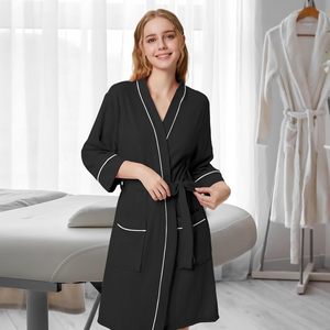 เสื้อคลุมวาฟเฟิลนิตสำหรับผู้หญิง คิโมโนสั้น เสื้อคลุมอาบน้ำน้ำหนักเบา มีกระเป๋า แขน 3/4 ชุดลำลองสำหรับสปาและอาบน้ำ - Product Image 6