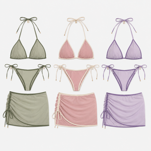 Women 3 Piece <b>Bikini</b> <b>Set</b> Triangle Bra Halter Swimwear Skirt Solid Color Contrast Binding Stretch Swim Suit - Product Image 1
