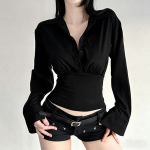 Chemise en satin pour femmes, taille cintrée, design plissé, chemise de bureau élégante à la française, manches longues, boutonnée - Product Image 5