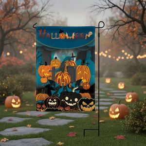Bandera de Jardín de Poliéster Personalizada para Halloween al por Mayor, Fondo de Castillo de Calabazas Espeluznante para Decoración de Fiestas de Casas Encantadas al Aire Libre - Product Image 1