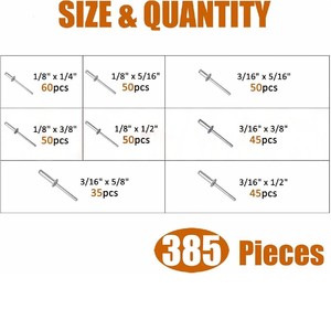 Kit Surtido de Remaches Ciegos de Aluminio, 385 Piezas, 8 Tamaños, para la Industria de la Construcción, Remaches de Aleación de Aluminio de Grado A - Product Image 5