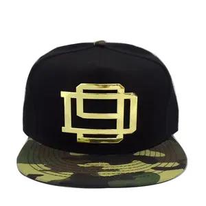 Custom Design 5 panel Camo Rand Snapback Hoed Metalen Gouden Plaat Logo Snapback Hoed voor Mannen