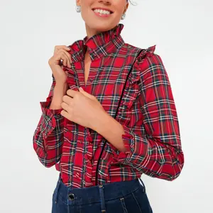 Camisas a cuadros Rojas elegantes de OEM y ODM para mujer, camisa de manga larga con botones, ropa de Navidad, blusas de mujer con volantes de tartán