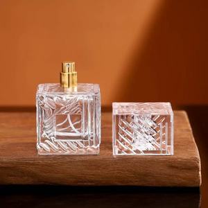 Factory Spot Luxury 100mL Botella de perfume avanzada Textura transparente Raya cuadrada con sello de rociador de bomba - Product Image 5