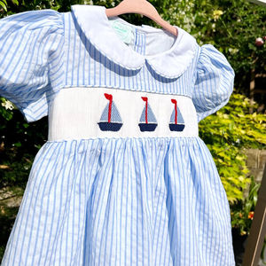 Barca a vela inglese ricamato estate tessuto a sbuffo abito a maniche corte per i più piccoli gessato <span class=keywords><strong>Peter</strong></span> <span class=keywords><strong>Pan</strong></span> colletto da ragazza di pasqua - Product Image 5