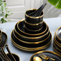 Service de vaisselle nordique en porcelaine noir et or avec bordure, bol à poisson et à riz, cuillère, écologique, pour la rentrée scolaire, la maison, passe au micro-ondes
