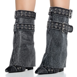 Black Denim Buckles Trendy Short Overlay Booties High Wedge Heel Mid-Calf Shaft <b>Boots</b> for Women Pointy Toe Shoes - Product Image 2