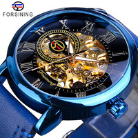 Montre mécanique squelette de luxe pour homme Forsining, design ajouré gravé, boîtier noir et or, bracelet en cuir
