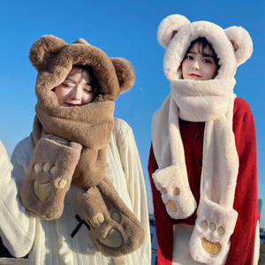 Ensemble bon marché de capuche et d'écharpe en peluche rose avec oreilles d'ours, accessoire pour temps froid - Product Image 1