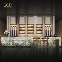 Conception de kiosque de bar de luxe tout-en-un, comptoir en marbre vert en forme de L, vitrine à pâtisserie intégrée, étagère de présentation, personnalisation 3D gratuite, OEM ODM