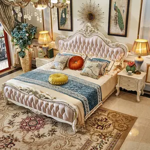 الراقية خشب متين منحوتة إطار جلد طبيعي السرير الإسبانية الأثاث نوم فاخرة مجموعة