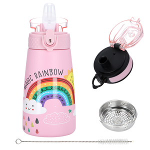 SilverJet Kids Stainless Steel Water <b>Bottle</b> 350ml Double Wall Insulated With <b>Straw</b> Leakproof Lid Cute Design For School Outdoor - Product Image 1