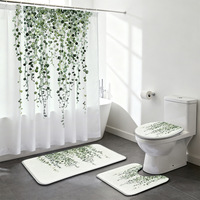 Ensemble de rideau de douche et tapis de bain à imprimé feuilles vertes, 4 pièces, antidérapant, hydrofuge, résistant à la moisissure, lavable en machine