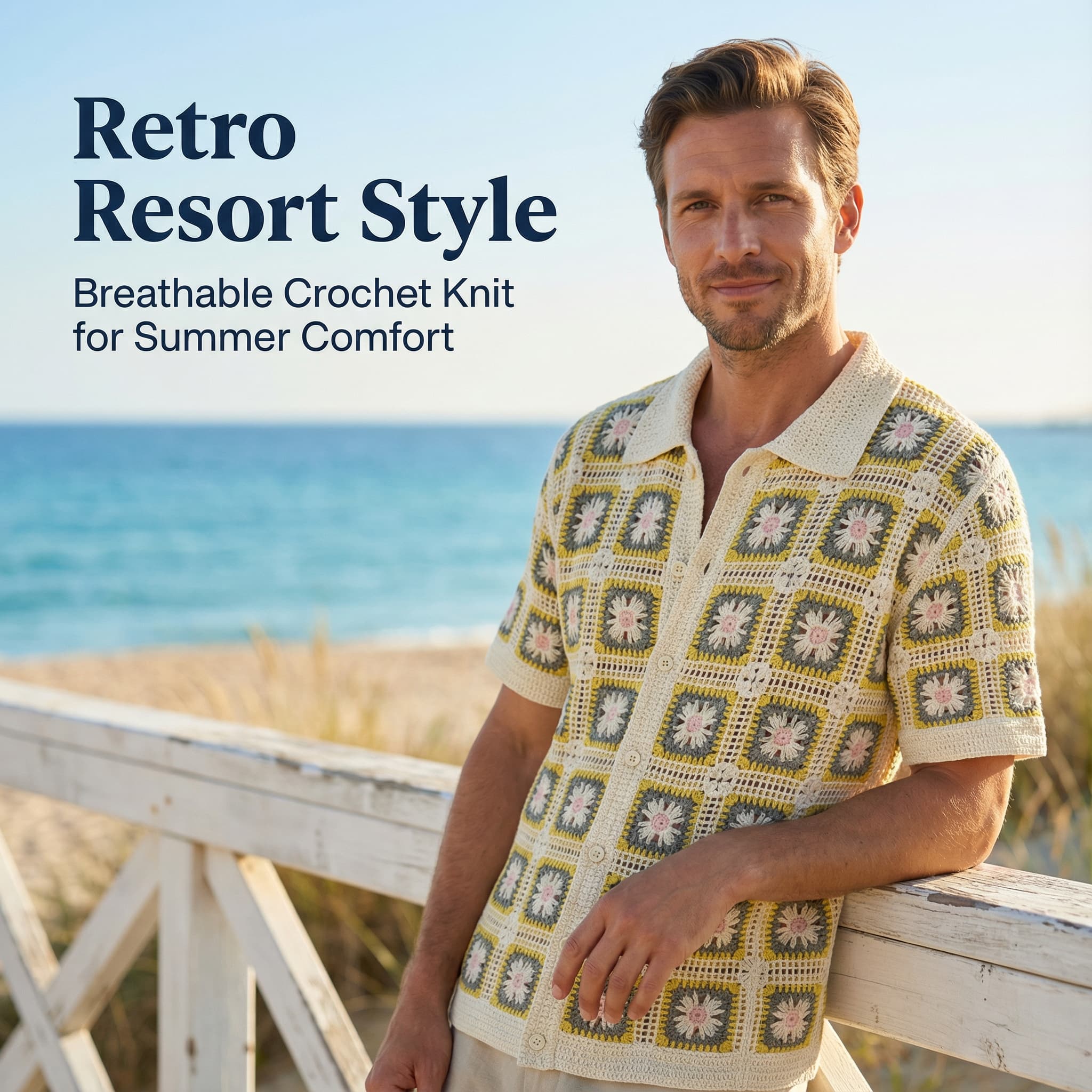 Summer Breathable Crochet Top Character Knit Short Sleeve Shirt Mens Boho Streetwear Cardigan Nylon/Cotton Mandarin Collar
