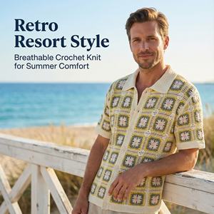 Atasan Rajut Crochet Bernapas untuk Musim Panas  Kemeja Lengan Pendek Motif Bunga  Cardigan Pria Gaya Boho Streetwear - Product Image 1