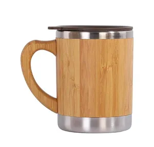 Tasse à café en bambou de 12oz avec poignée de couvercle Tasse à thé thermos en acier inoxydable pour bouteille thermo d'eau au chocolat au thé Latte