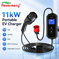 Chargeur EV portable 11 kW 16 A Type 2 400 Vca Triphasé Prise CEE IP65 RCD Courant réglable pour la recharge domestique et en garage en Europe