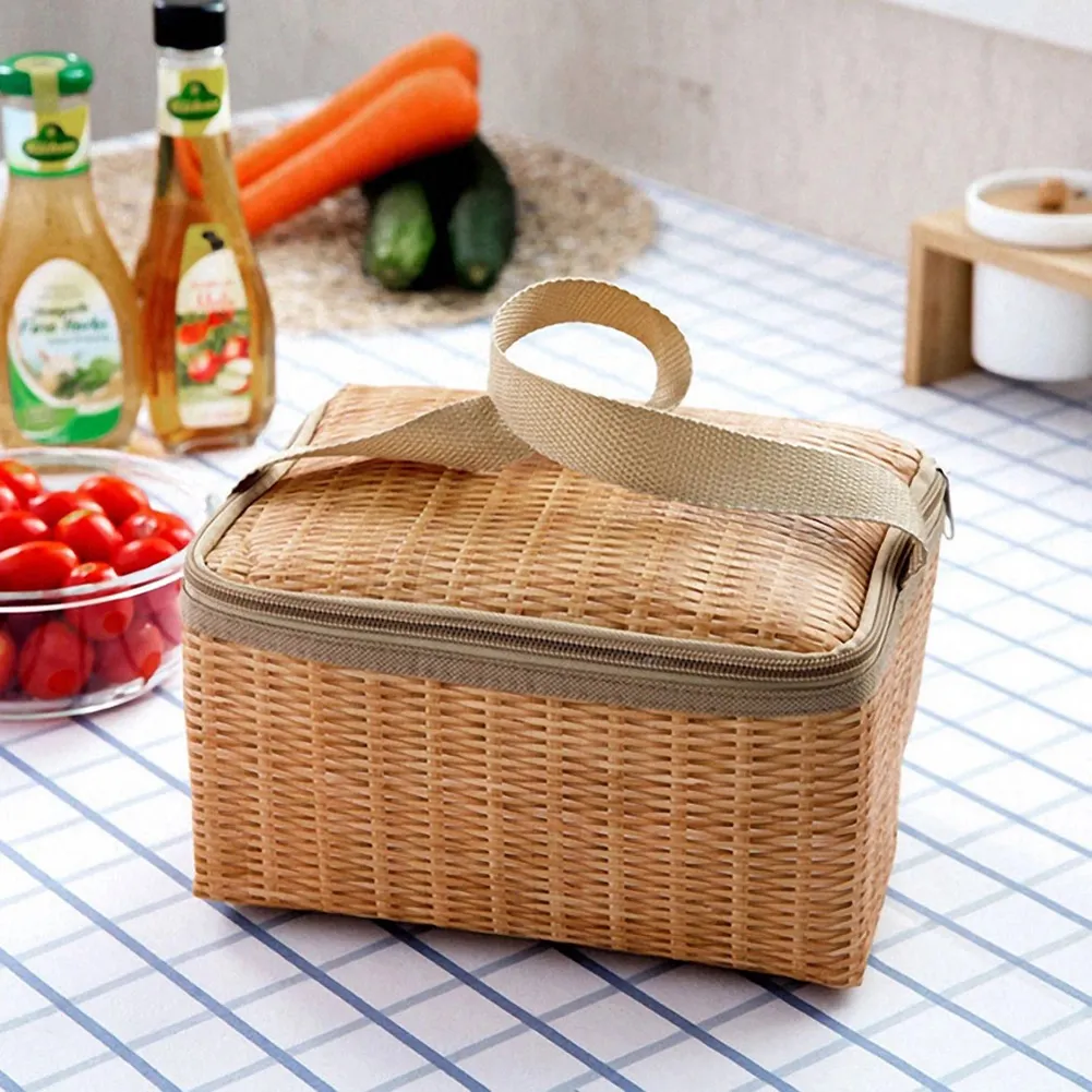 Scatola pranzo portatile termoisolante in bambù per bambini in tela e rattan contenitore per alimenti bento cestino