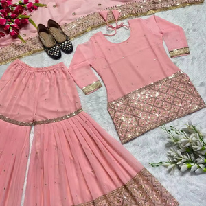 Présentation de vêtements de fête Kurti Pant Dupatta Set Heavy Faux Georgette Fabric With Heavy Embroidery Sequence Work With Full Sleeve - Product Image 1