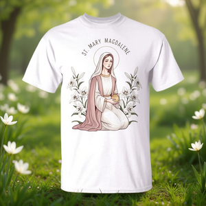Camiseta con símbolo de la lirio de Santa María Magdalena para la devoción de Pascua - Product Image 3
