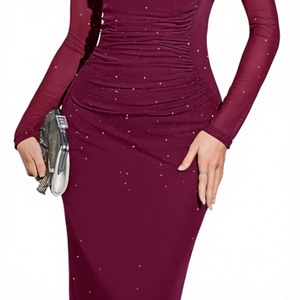 Wholesa <b>Red</b> Shinny Floor Length Dress with <b>Sequined</b> Embroidery Full Sleeve O-Neckline Bodycon Satin Cocktail Party Wear Dresses - Product Image 3