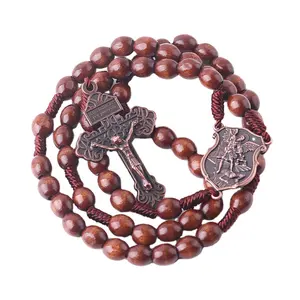 Popular Religious Catholic Jewelry Items 8*10mm Wooden Beads Prayer Necklaces Antique Copper Plated Saint Michael Medal Rosary