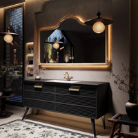 Meuble-lavabo flottant rétro français en bois massif avec vasque en céramique en pierre frittée, armoire miroir LED intelligente