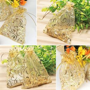 Gold Organza <b>Gift</b> <b>Bags</b> with Eyelash Drawstring Foil Stamped Sheer Mesh Pouches for Jewelry Wedding <b>Party</b> Favor Packaging - Product Image 3