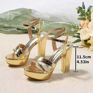 Golden Patent Leather Platform Heeled <b>Sandals</b> With Chunky Heel Open Toe And Back Strap Buckle Closure All Seasons Fashion Trend - Product Image 3