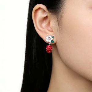 Pendientes de Plata de Ley 925 con Esmalte de Fresa y Flores, Pendientes Colgantes con Racimo de Flores de Fruta Dulce para Niñas, Pendientes de Primavera Verano - Product Image 5