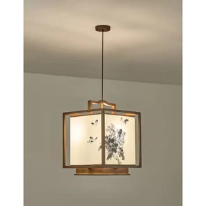 Lustre esthétique de la dynastie Song, nouveau style chinois, peinture à l'encre, orchidée, bois massif, luminaire en tissu pour salon - Product Image 6