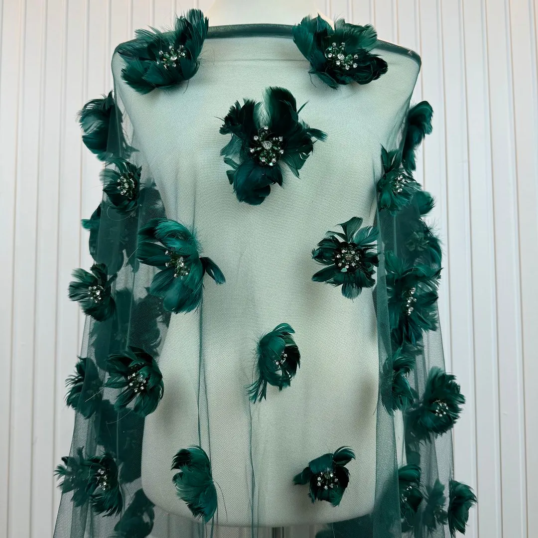 Tela de encaje de tul de flores 3D de calidad con piedras tela bordada de vestido de novia de noche