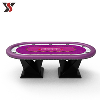 Table de poker YS OEM Texas avec pieds triangulaires, tapis violet, plateau en marbre, 10 porte-gobelets, accoudoirs en cuir, style casino