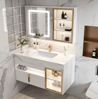 Meuble-lavabo flottant blanc étanche IPX4 à tiroir unique, nouveau modèle, avec porte en verre, éclairage LED et plateau en marbre, idéal pour hôtel
