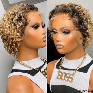 Perruque courte bouclée en cheveux humains brésiliens Remy en gros, perruque à dentelle frontale fabriquée à la machine, cheveux ondulés profonds en couches pour femmes - Product Image 4