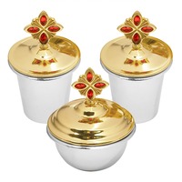 Set Altar Ortodoks Emas Perak HT, Tempat Relikui Dua Lapis dengan Candelabra 5 Lampu & 3 Wadah Permata Merah, untuk Ritual Gereja