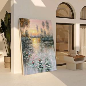 Pintura Moderna al Óleo sobre Lienzo Hecha a Mano, Arte Impresionista con Motivo de Atardecer y Flores, para Hogar y Galería - Product Image 4