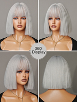 Cheveux synthétiques blanc court Bob perruque avec Bang pour les femmes Bob droite résistant à la chaleur platine perruque Cosplay fête Peluca 12 pouces