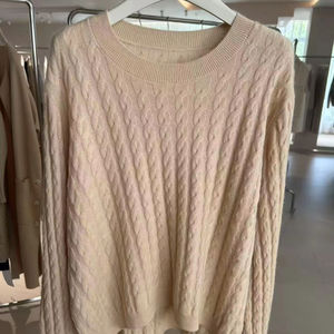 ODM 12GG Women's Casual Style Beige Breathable Round Neck <b>Cable</b> <b>Knitted</b> <b>Sweater</b> with Front Logo Position - Product Image 1
