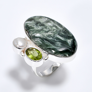 Anillo de perla de peridoto de serafinita, joyería de plata de ley 925 para mujeres, venta al por mayor a granel, anillos de plata fina, exportadores - Product Image 1