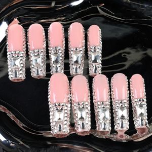 เล็บปลอมอะคริลิคแบบเต็มเล็บทรงโลงศพ งานแฮนด์เมดขายส่ง ลายไล่สีชมพู/ขาว ประดับเพชร ปลายเล็บยาว - Product Image 2