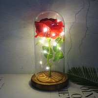 Cadeaux pour la fête des mères, fleurs artificielles, base en bois noir, lumière LED, corsage de poignet, boule de fleurs, rose rouge en soie, rose galaxie dans un dôme en verre
