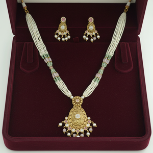 Beautiful 925 Silver Pearl <b>Beaded</b> Necklace <b>Set</b> with Gold Traditional Pendant and Matching Earrings Wedding Festive Wear - Product Image 3