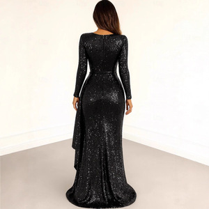 <b>Red</b> <b>Sequined</b> Long Sleeve Evening Gown High Neck Wrap Tie Full Length Formal Dress - Product Image 3