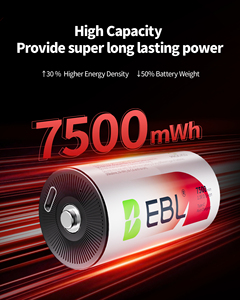 EBL có thể sạc lại <span class=keywords><strong>D</strong></span> Pin 4 gói <span class=keywords><strong>lithium</strong></span> với 7500mwh 1.5V 2 USB-C phí cáp lý tưởng cho Flameless nến và đèn pin - Product Image 5