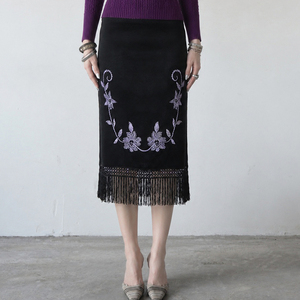 National Style Floral Embroidery Solid Color Fringe Straight <b>Bodycon</b> <b>Skirt</b> High Waist Elegant Versatile Casual Midi <b>Skirt</b> - Product Image 2