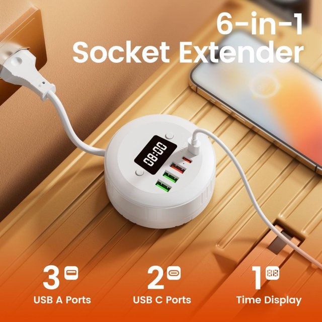 Portable Desktop  USB Power Strips Wall Charger with Cord,clock Function,Laptop Phone Charger Adapter Sockets for Office Travel