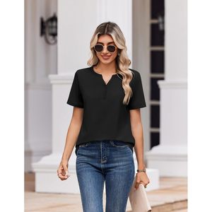 Blusa de Mujer con Cuello en V, Manga Corta, Botones, Informal, Primavera-Verano, Tela Popelina, Uso Diario - Product Image 3