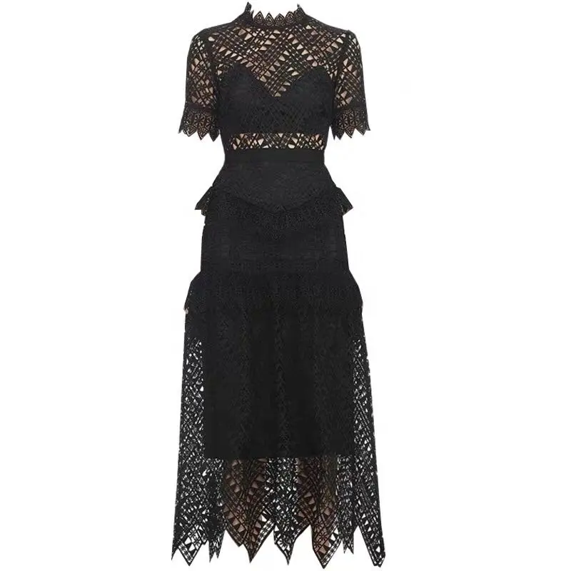 Water Soluble Lace Dress Hollow Embroidery Black Slim Temperament Banquet Long Dress