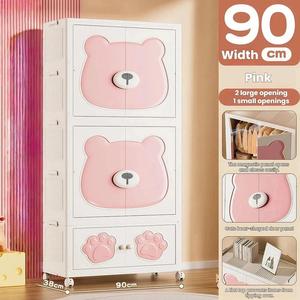 Armario Plegable Infantil con Diseño de Oso de Dibujos Animados, 90 cm de Ancho, 2 Compartimentos Colgantes, Armario de Plástico para Guardar Ropa de Bebé con Ruedas - Product Image 5